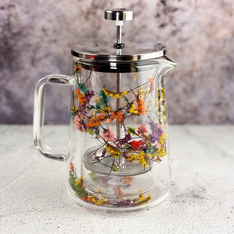 Virágoskert üveg teáskanna – French press szűrővel (650ml)